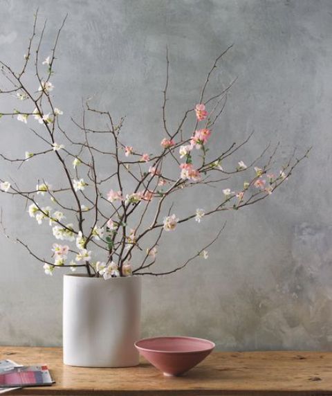 natural cherry blossom in a neutral vase make up a cool spring centerpiece or a tender decoration
