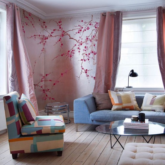 cherry blossom decals on the walls makes them cool and more eye-catchy plus spring-like