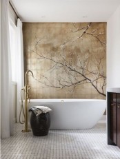 bathroom with a statement wall