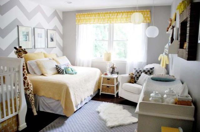 a neutral shared space with grey walls, a chevron print statement wall, touches of yellow and cozy rustic elements
