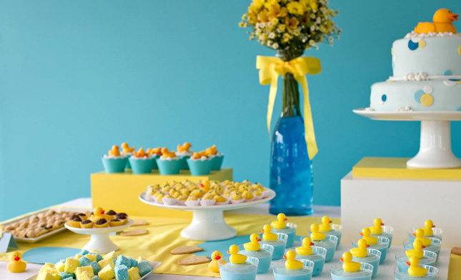 Duck themed dessert table for a gender neutral baby shower