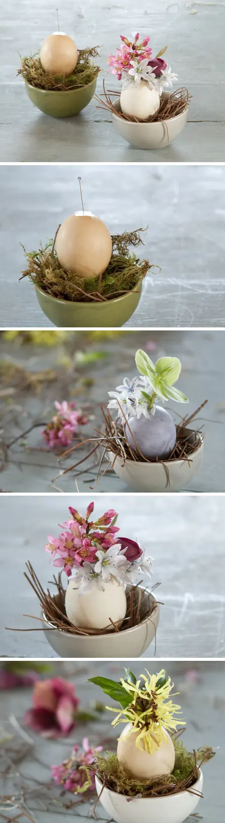 pastel bowls with moss and eggs used as vases for spring blooms is great Easter decor