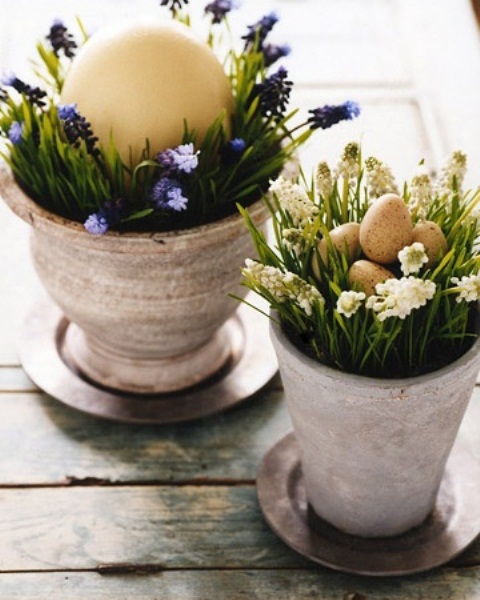 pots with grass and spring bulbs plus fake speckled eggs for Easter decor
