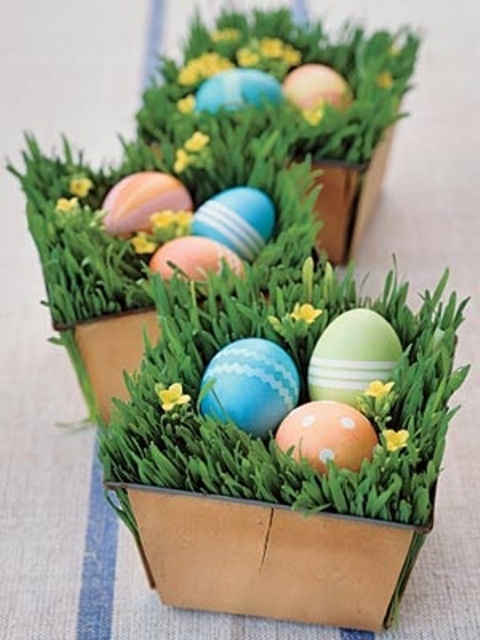 boxes with grass and yellow blooms and colorful fake Easter eggs are amazing for Easter