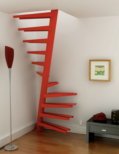 This spiral staircase from Eestairs is a very clever space saving solution. It fits in just one square meter. The secret is that you step at the bottom under the pole, and at the top you step above the same pole. It is made of mild steel, powder coated in any RAL color.