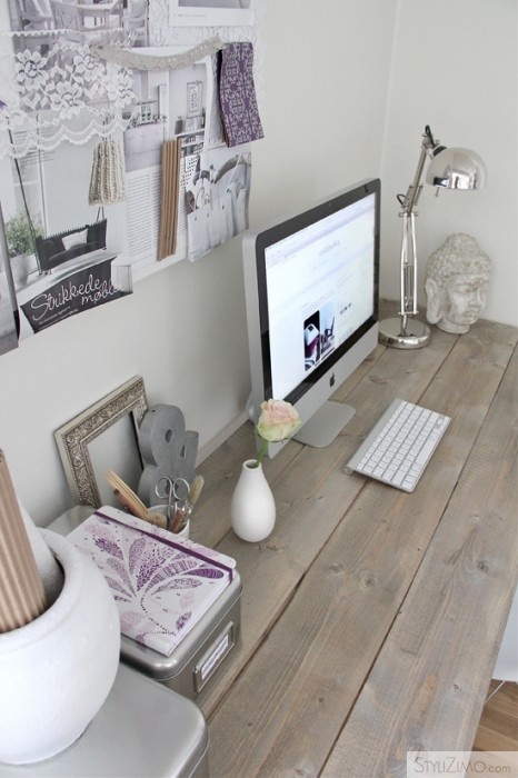 a neutral Scandinavian home office with feminine touches, a mood board with lace and purple touches and a floral copybook is cute