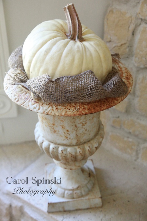a vintage urn with a white pumpkin in burlap is a gorgeous outdoor decoration for a touch of shabby chic