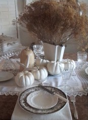 white lace linens, white pumpkins and dried blooms for a coastal fall tablescape