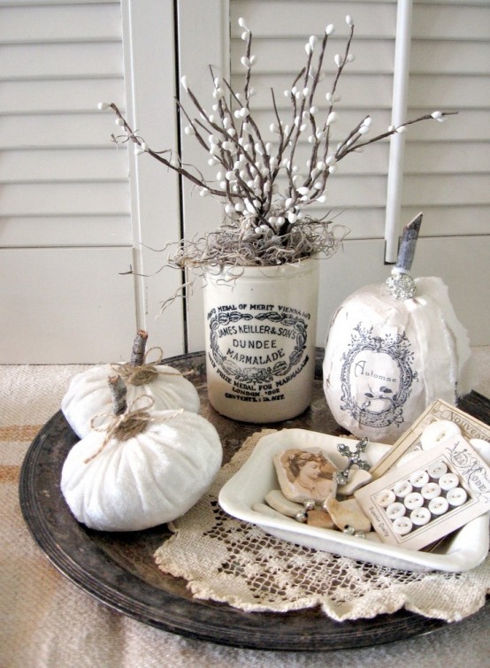 a tray with a lace doily, paper and fabric pumpkins, faux willow in a tin for a shabby chic decoration in the fall