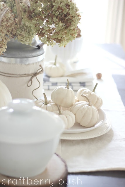 Place white pumpkins into white plates to make your tablescape feel refined, rustic and fall like