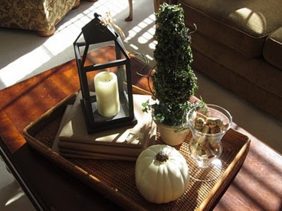 a natural fall display with a candle lantern, a white pumpkin, wine cork and a tree growing