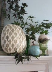 a blue, a blush printed and a grey metallic pumpkin will look non-traditional and add a fall feel to the space