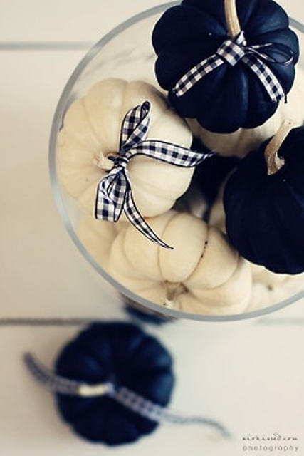 white and navy pumpkins with plaid ribbons can be used in stacks in any glasses and vases or bowls