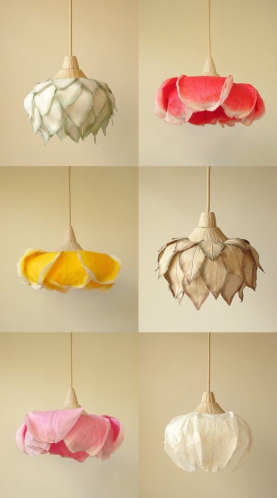 a whole number of fabric lampshades that very naturally imitate real flowers in various colors