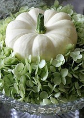 an elegant Thanksgiving centerpiece of a glass stand, green hydrangeas and a white pumpkin on top is easy to make