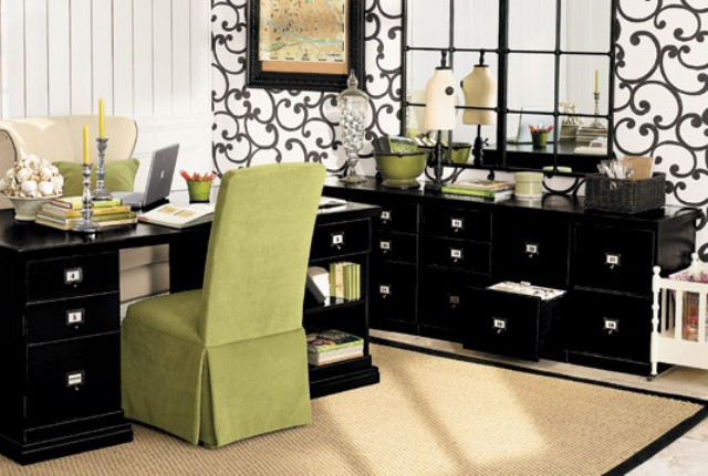 A bright green chair and a pillow refresh the home office and make it feel more spring like
