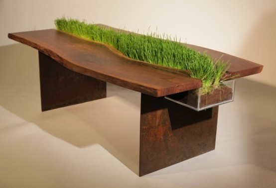 a rich stained wooden table with wheatgrass growing in the center of it is a stylish and bold idea to rock