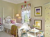 a whimsical pastel kid’s room with yellow and lilac walls, a refined bed with pastel and neutral bedding, some furniture and beautiful decor