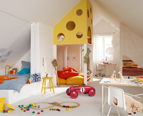 A neutral kid's room with whimsical design, a bed with a curtain for privacy, a working zone at the window and a cheese like space with a ladder for some fun