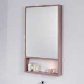 a modern and cool mirror with storage space behind the mirror and an additional open storage shelf is a smart and cool solution for a modern bathroom