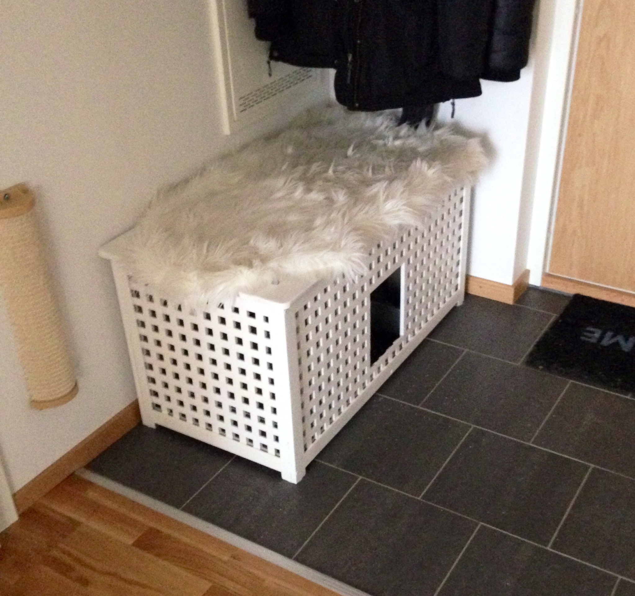 A white IKEA Hol table as a cabinet in the entryway and a cat toilet at the same time is a space saving idea