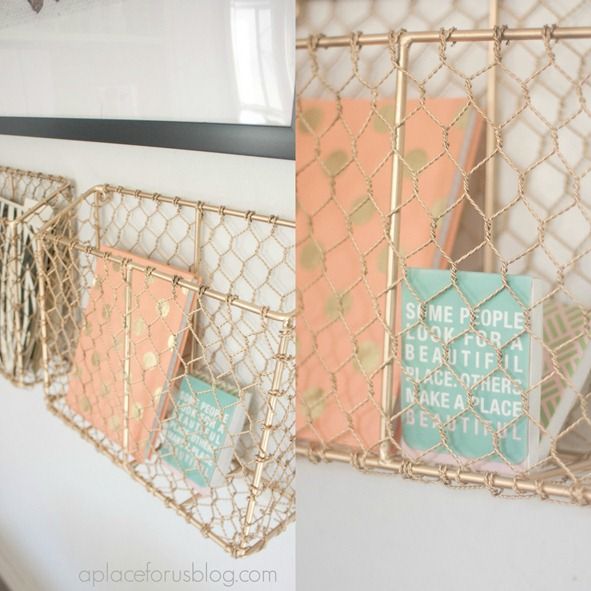 Metal net storage units spray painted gold is a chic and refined idea for any space and it will add a glam feel