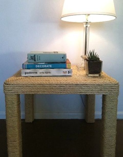 an IKEA Lack table fully covered with jute is a lovely idea for a coastal, beach or seaside space and such a DIY won't cost you much