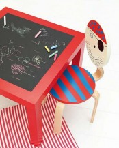 an IKEA Lack table hacked with red paint and a chalkboard tabletop makes it a lovely kids’ drawing and chalking table, perfect for developing art taste