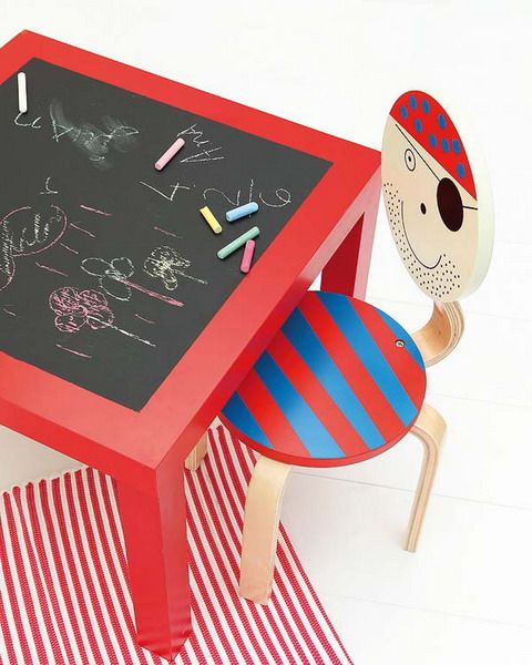 an IKEA Lack table hacked with red paint and a chalkboard tabletop makes it a lovely kids' drawing and chalking table, perfect for developing art taste
