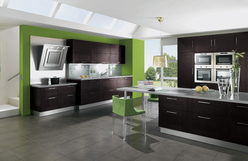 a bright black and neon green ktichen with white countertops and stainless steel appliances is a bold and cool space