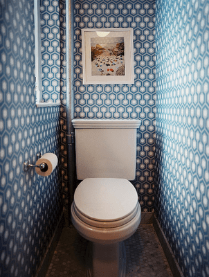 a small guest toilet done with blue printed wallpaper and an artwork
