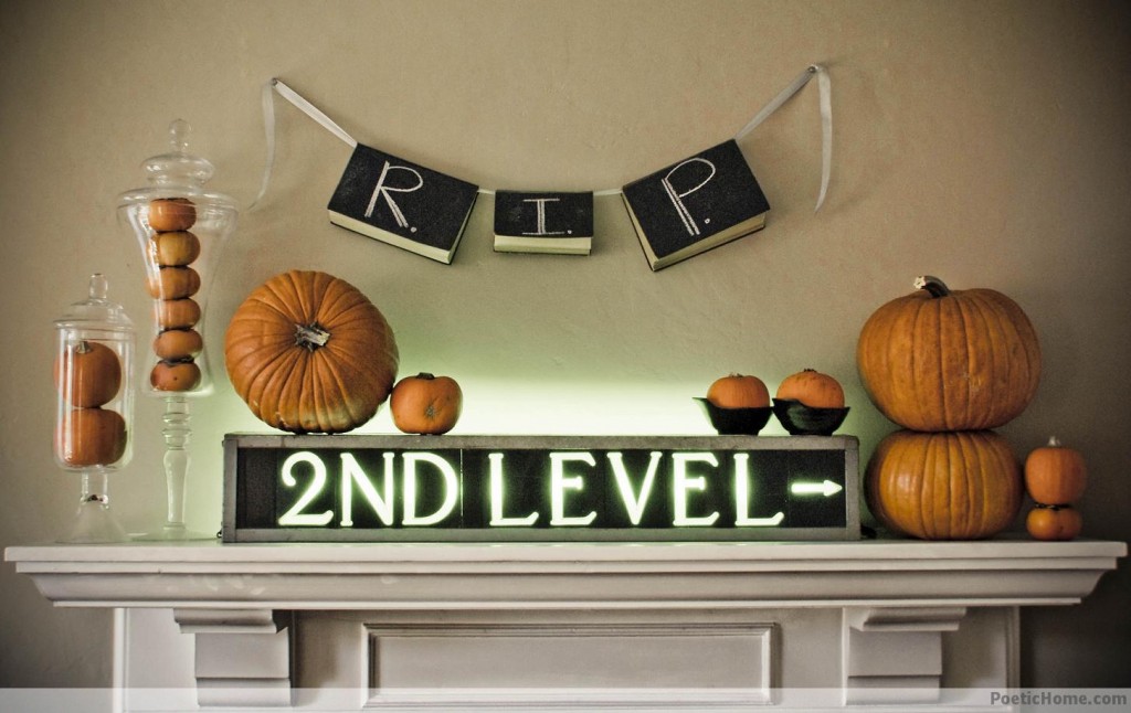Write a ghoulish message on chalkboard pieces and hang it right above your mantel.