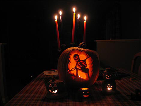 Light up your late night porch with illuminated jack-o'-lanterns. Candles are great as to put them inside as to use outside.