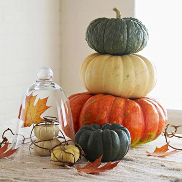 Simple heirloom pumpkins stacked and palced in a cloche look very cozy and very fall like, such easy natural decor