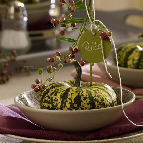 Natural pumpkins with berries will mark each place setting and make it cool and natural looking, perfect for Thanksgiving