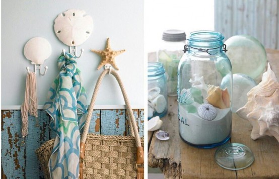 seashell hooks on the wall and a jar with sand and seashells to give a coastal or beach feel to the space