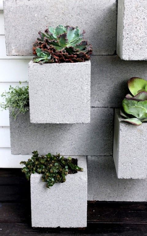 A cement wall with built in planters with greenery and succulents is a stylish outdoor decoration to go for