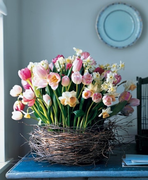 Lots of pastel tulips in a vase and with a nest inspired cover looks all natural and veyr spring like