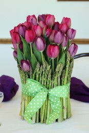 a super bold and bright tulip and asparagus arrangement for spring and Easter, with plenty of color