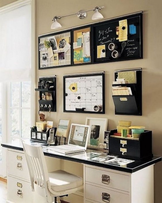 wall-mounted holders and mini shelves plus memo boards are a nice storage idea for a small office