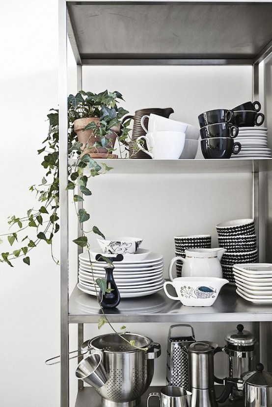 an IKEA Hyllis shelf is great to store any cups, plates and bowls and other kitchen stuff