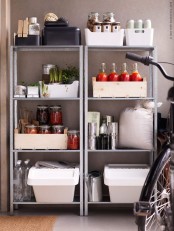 IKEA Hyllis shelves used with plastic and wooden boxes, veggies and herbs, bottles, packages