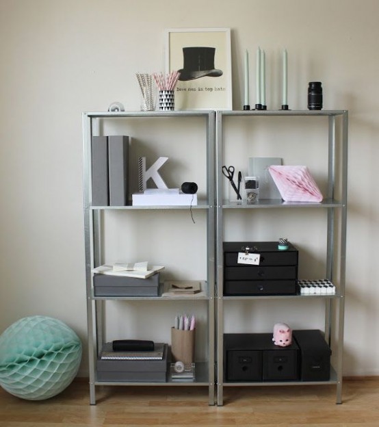 IKEA Hyllis shelves with boxes, files, candles and other home office stuff you need