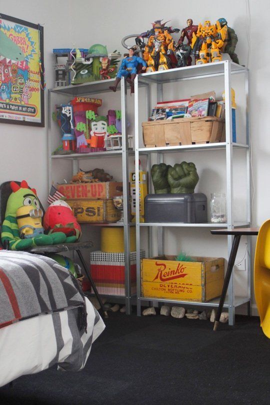 IKEA Hyllis shelves used for kids' room's storage   for toys and crates with them
