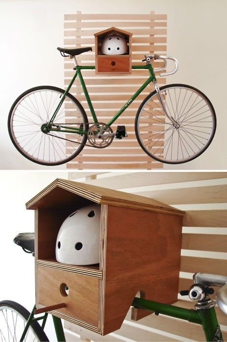A cute house shaped shelf can be used to store a bike and a helmet and maybe some more stuff is a very cool idea
