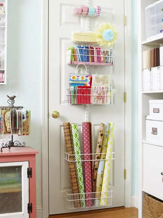 wire baskets attached to the door will save much floor and drawer space