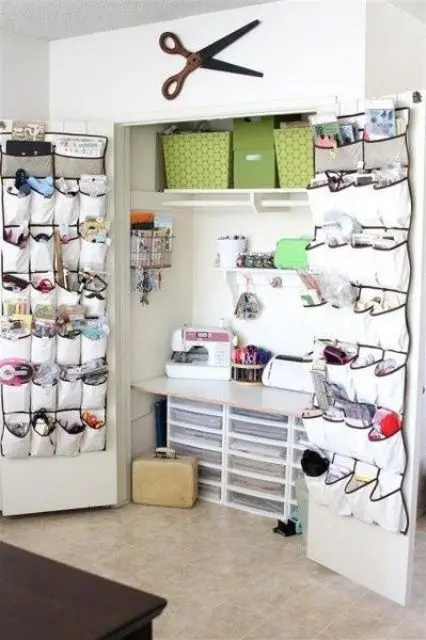 hanging pockets attached to the doors of your storage unit is a cool idea to go for