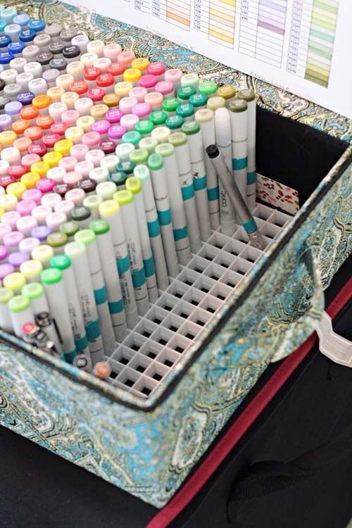 a box with comfy pen and pencil storage will save you much space and will help you organize them all