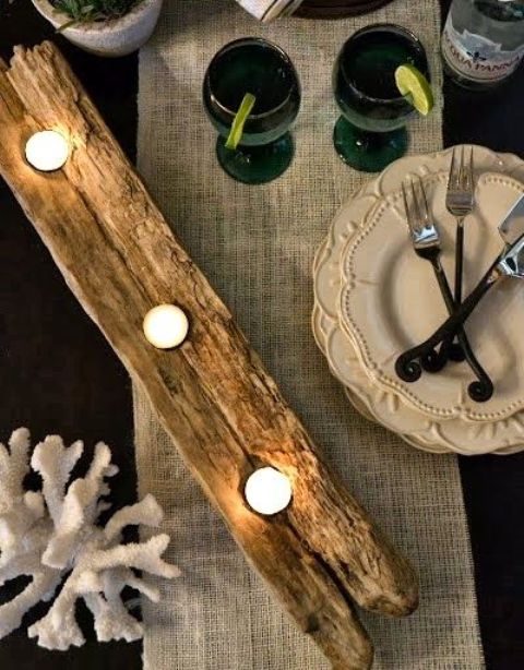 a large driftwood piece candleholder will add a coastal feel to your tablescape