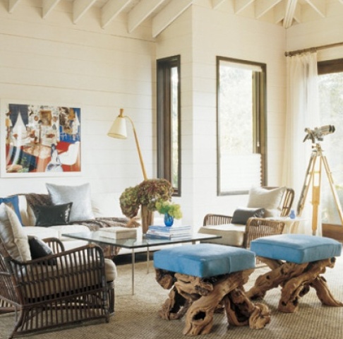 colorful stools with blue upholstery and driftwood bases for a coastal living room
